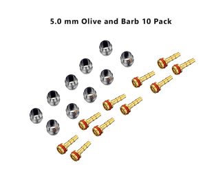 A TRP Olive & Barb 5.0mm 10 pack is shown with the small silver & brass pieces laid out
