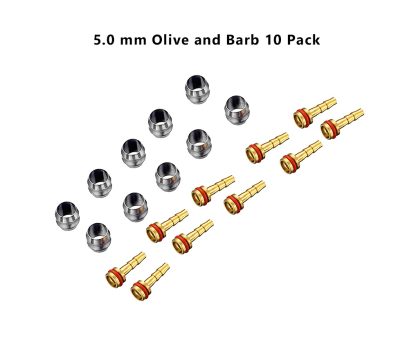 A TRP Olive & Barb 5.0mm 10 pack is shown with the small silver & brass pieces laid out